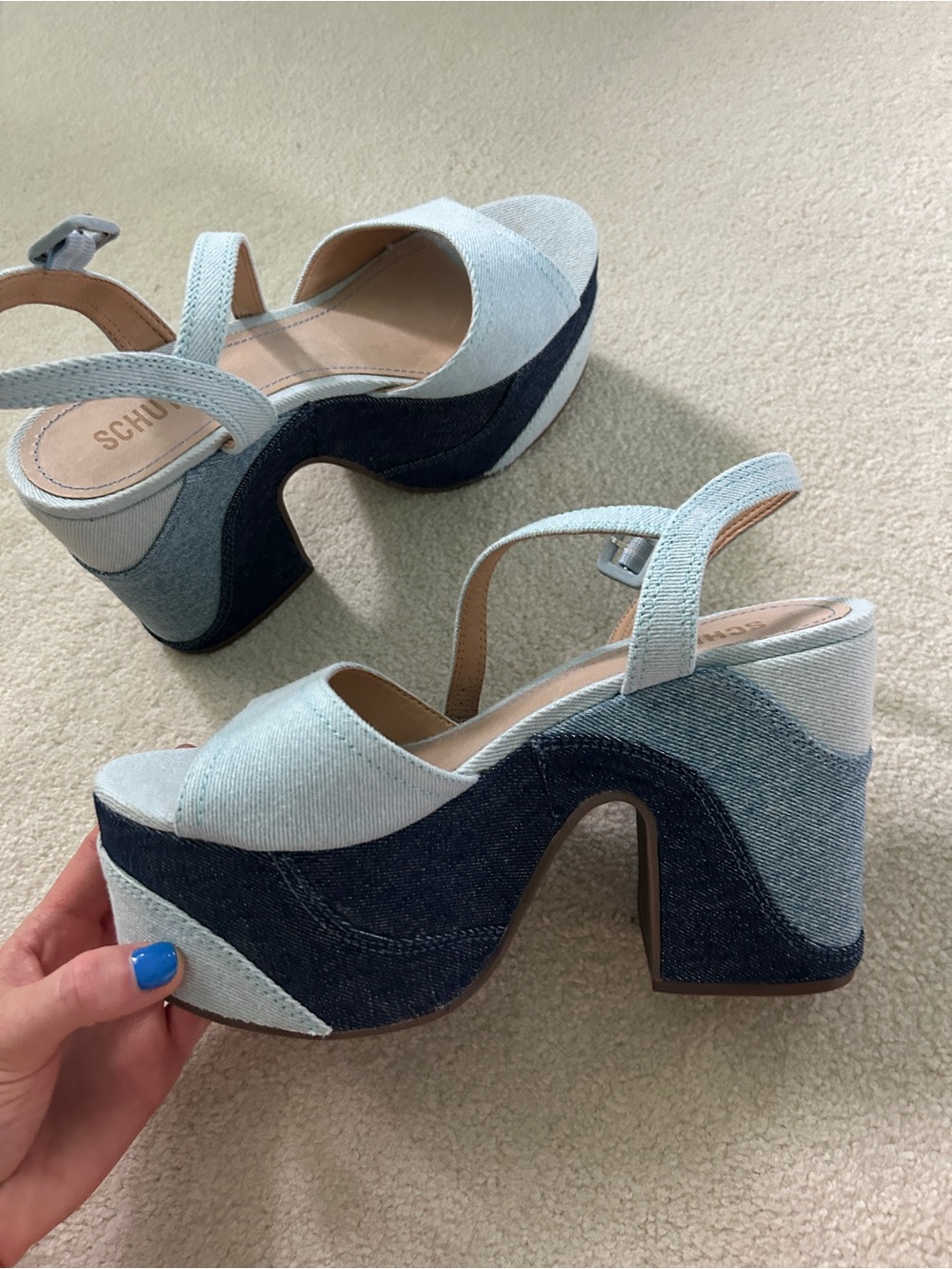SCHUTZ Light Blue Two-Tone Denim Platform Sandals